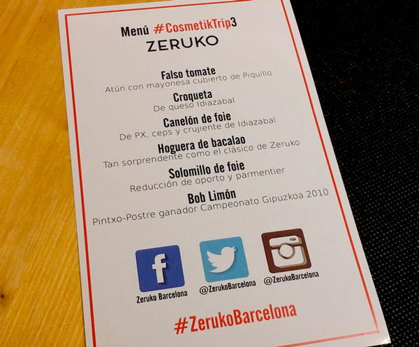 menú personalizado del Zeruko Barcelona para el CosmetikTrip3